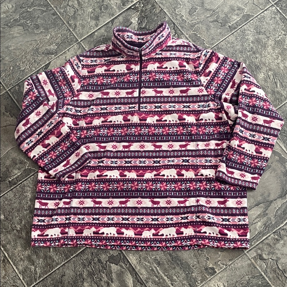 LANDS’ END Women’s Nordic Patterned 1/4 Zip Fleece Pullover Purple Pink Cream